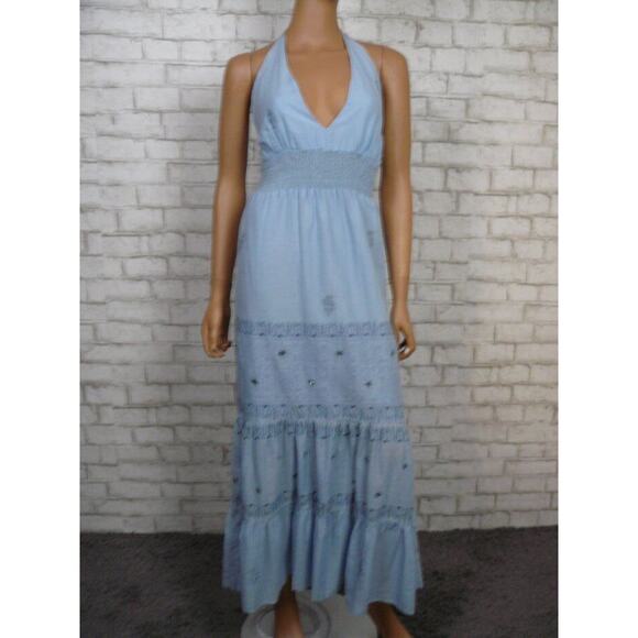 Sky Dresses & Skirts - $300 Sky Blue Smocked Boho Silk Embroidered Tiered Halter Maxi Dress XS NEW